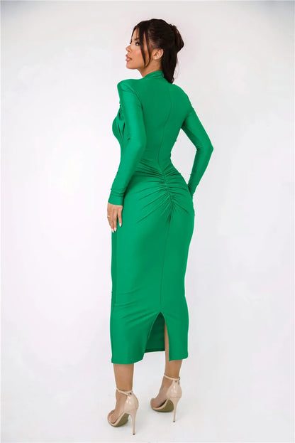 Mozision Hollow Out Long Sleeve Sexy Maxi Dress For Women Gown Autumn Winter New Metal Buckle Ruched Slit Long Dress Elegant