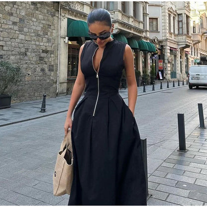 Fashion Sleeveless Spliced Zipper Maxi Dress Elegant V-neck High Waist Slim Pleated Long Dresses Summer Office Lady Street Robes