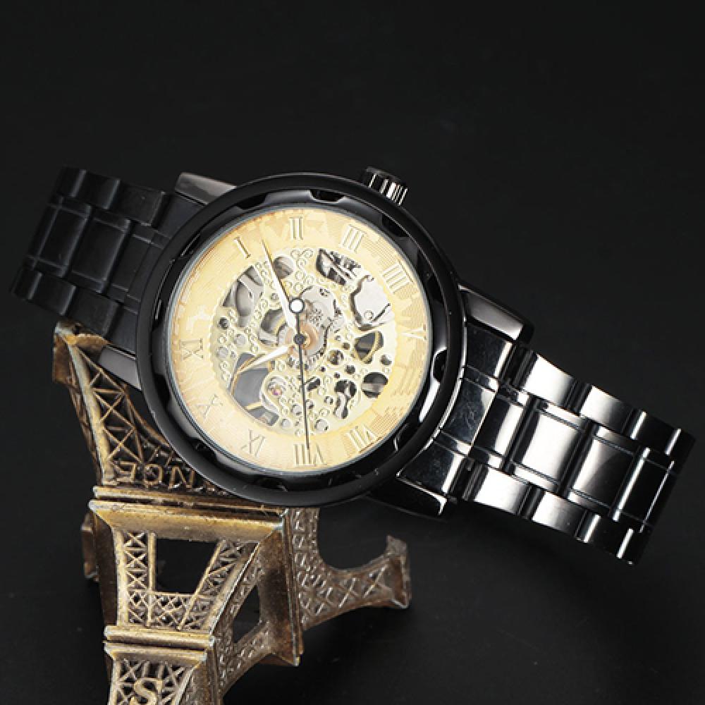 Men Skeleton Roman Numerals Hollow Dial Stainless Steel Band Mechanical Watch Hand-winding Vintage Roman Numeral Steampunk Watch