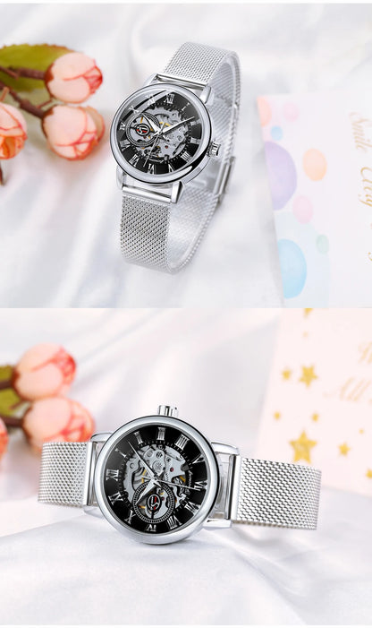 Fashion Montre Femme Forsining Women's Watch Rose Gold Stailess Steel Case Skeleton Womens Mechanical Hand Wind Ladies Wrist