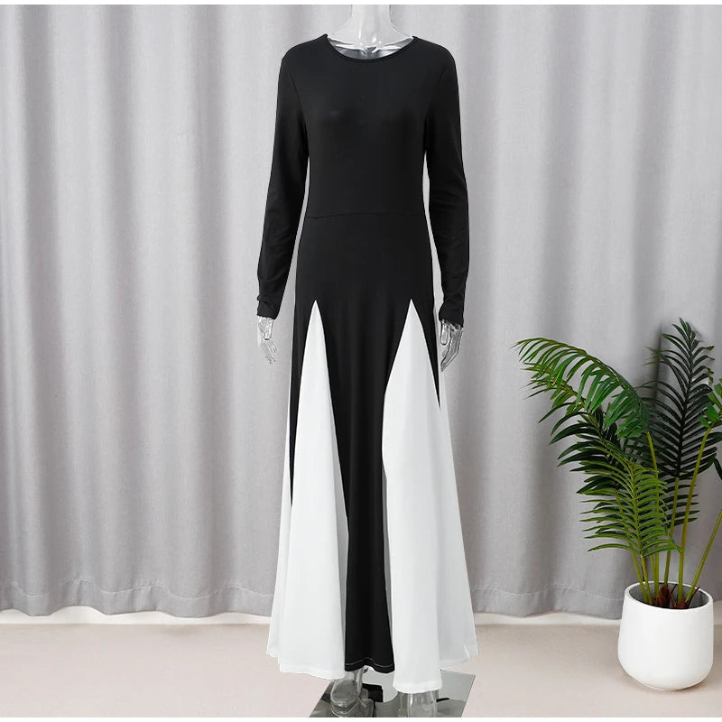 Elegant Contrasting Women Maxi Dress Fashion O-neck Long Sleeve Pleated Slim A-line Dresses Summer Lady Party Evening Robes 2024