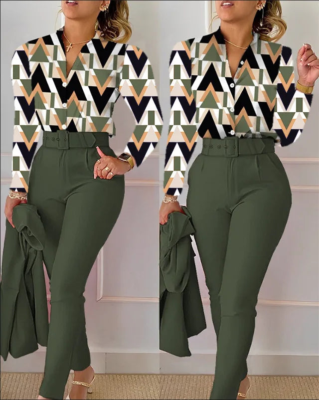 Elegant Women Shirt Two Piece Set Suits Fall New Fashion Print Long Sleeve Top Black Pants Set With Belt Blouses Female Clothing