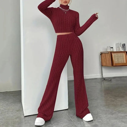 Beige Western Style Knitted Fashion Suit Women New Korean Split Black Sweaters Wide Leg Pants Lady Casual Two-piece Sets