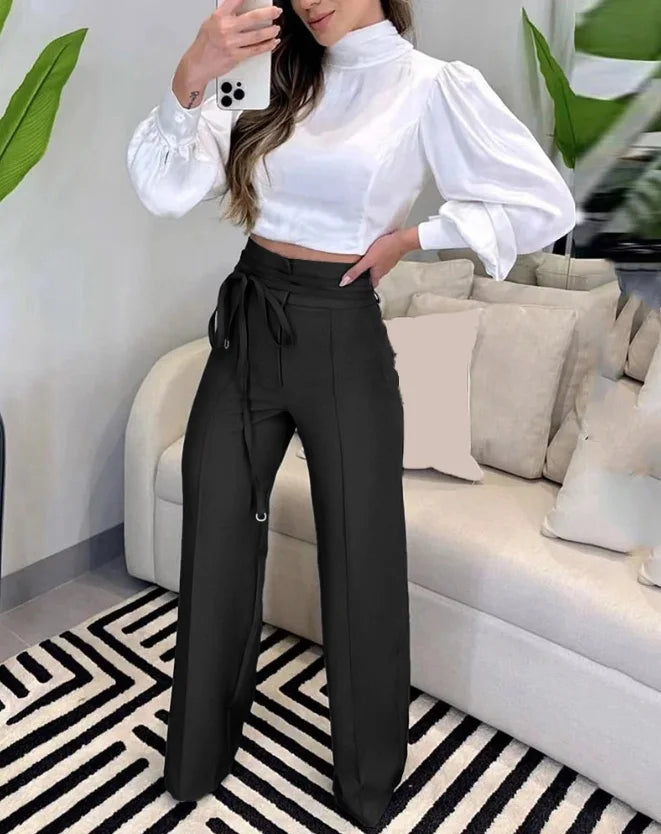 Women's Pants 2023 Spring Fashion Tied Detail Straight Leg Elegant Plain High Waist Long Work Pants Office Lady