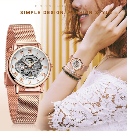 Fashion Montre Femme Forsining Women's Watch Rose Gold Stailess Steel Case Skeleton Womens Mechanical Hand Wind Ladies Wrist