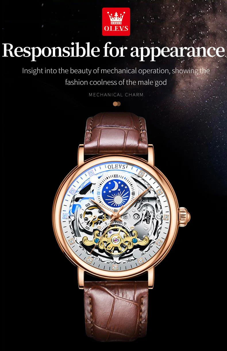 OLEVS Moon Phase Mechanical Watch Men with Dual Time Zone Display Waterproof Automatic Skeleton Mens Watches Top Brand Luxury