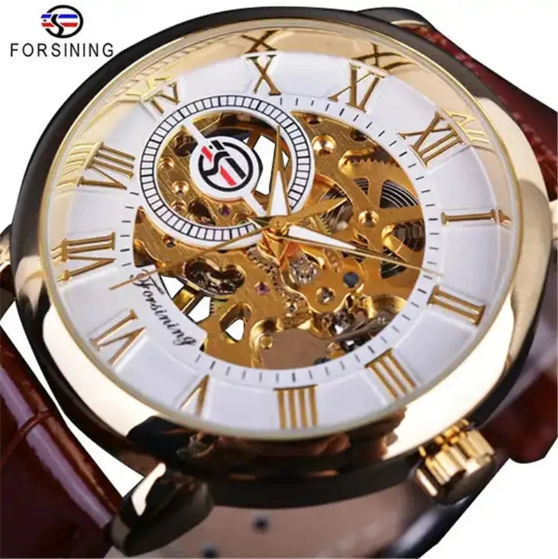 Forsining 99S Luxury Automatic Classic Transparent Mechanical Leather Strap Golden Bridge Skeleton hot selling Men Watch Clock