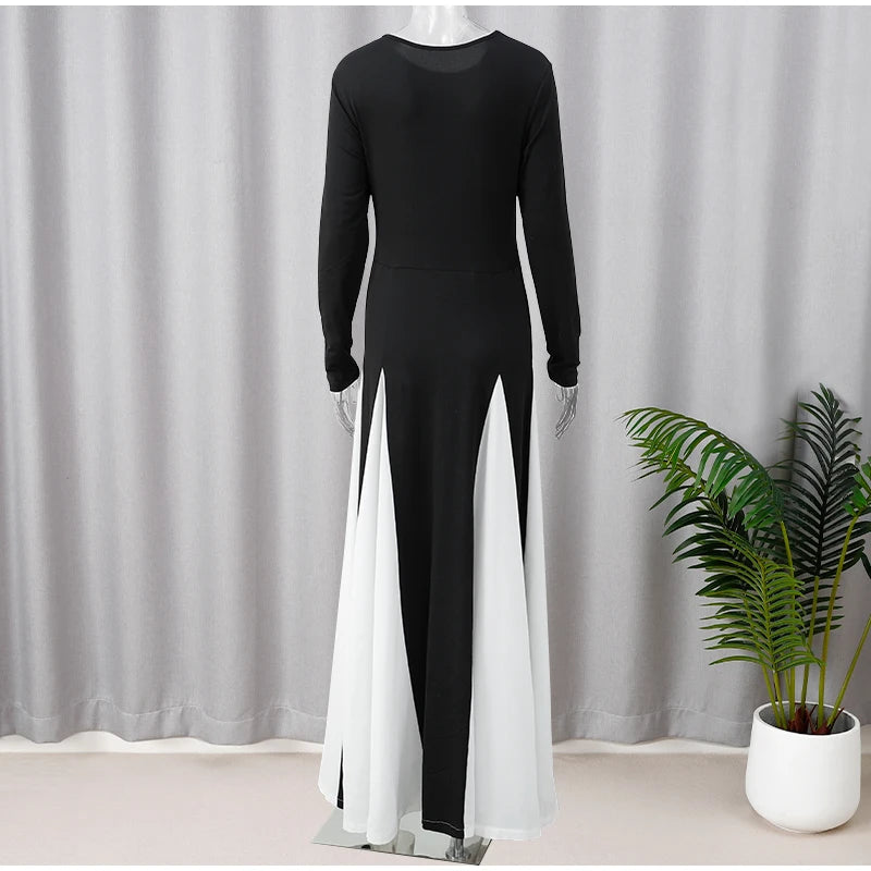 Elegant Contrasting Women Maxi Dress Fashion O-neck Long Sleeve Pleated Slim A-line Dresses Summer Lady Party Evening Robes 2024