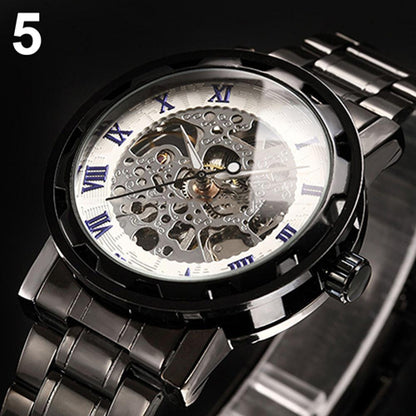 Men Skeleton Roman Numerals Hollow Dial Stainless Steel Band Mechanical Watch Hand-winding Vintage Roman Numeral Steampunk Watch