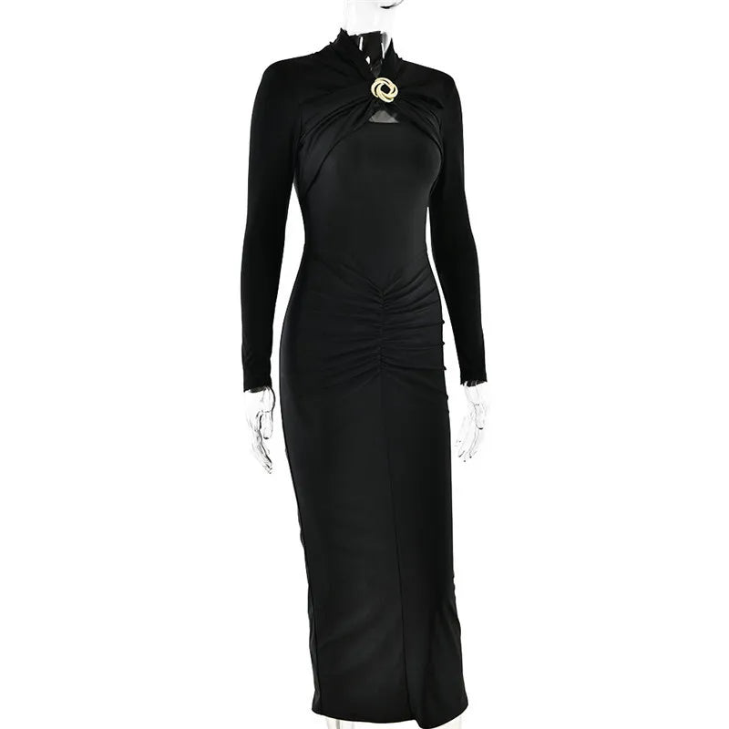 Mozision Hollow Out Long Sleeve Sexy Maxi Dress For Women Gown Autumn Winter New Metal Buckle Ruched Slit Long Dress Elegant