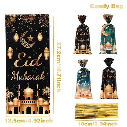 25/50/100Pcs EID Mubarak Gift Cookie Bags With Strap Candy Baking Packaging Bag 2025 Ramadan Decor Muslim Islamic Party Supplies