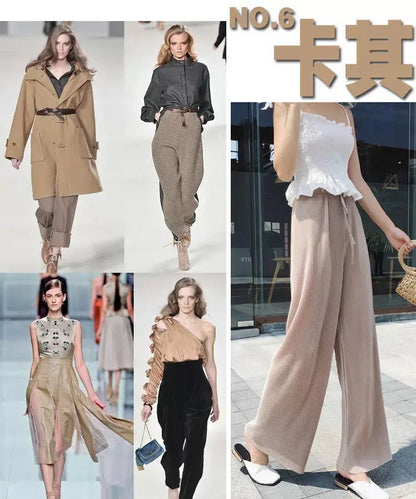 Women Fashion Summer Wide Leg Pants Pleated Ice Silk Trousers Elastic Waist Loose Casual Pants