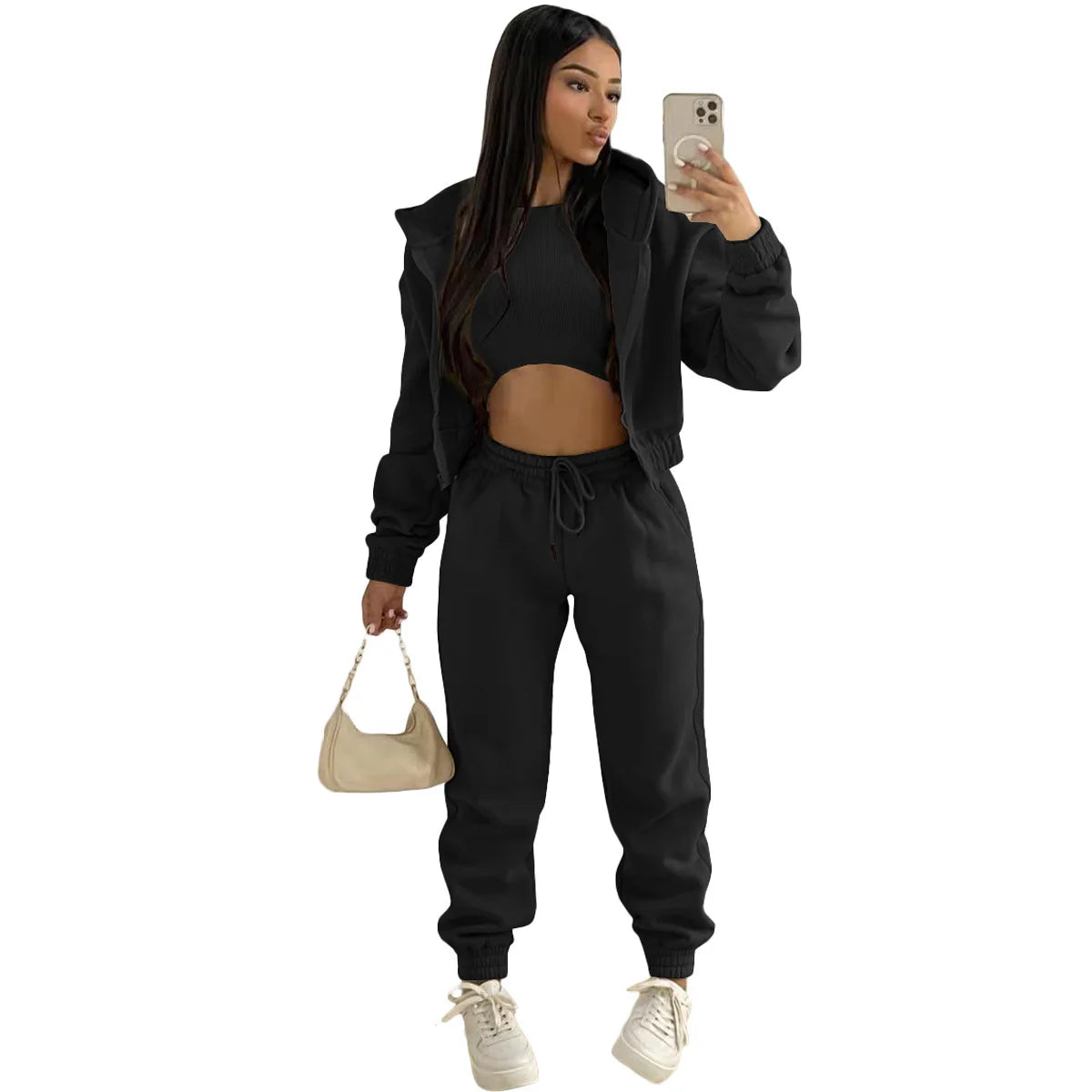 3pcs Women's Clothing Set Fleece-lined Hooded Sweater &Sleeveless Tank Top & Sports Sweatpants Pants