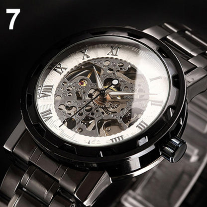 Men Skeleton Roman Numerals Hollow Dial Stainless Steel Band Mechanical Watch Hand-winding Vintage Roman Numeral Steampunk Watch