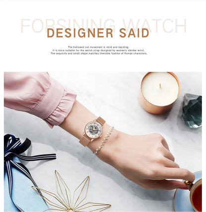 Fashion Montre Femme Forsining Women's Watch Rose Gold Stailess Steel Case Skeleton Womens Mechanical Hand Wind Ladies Wrist