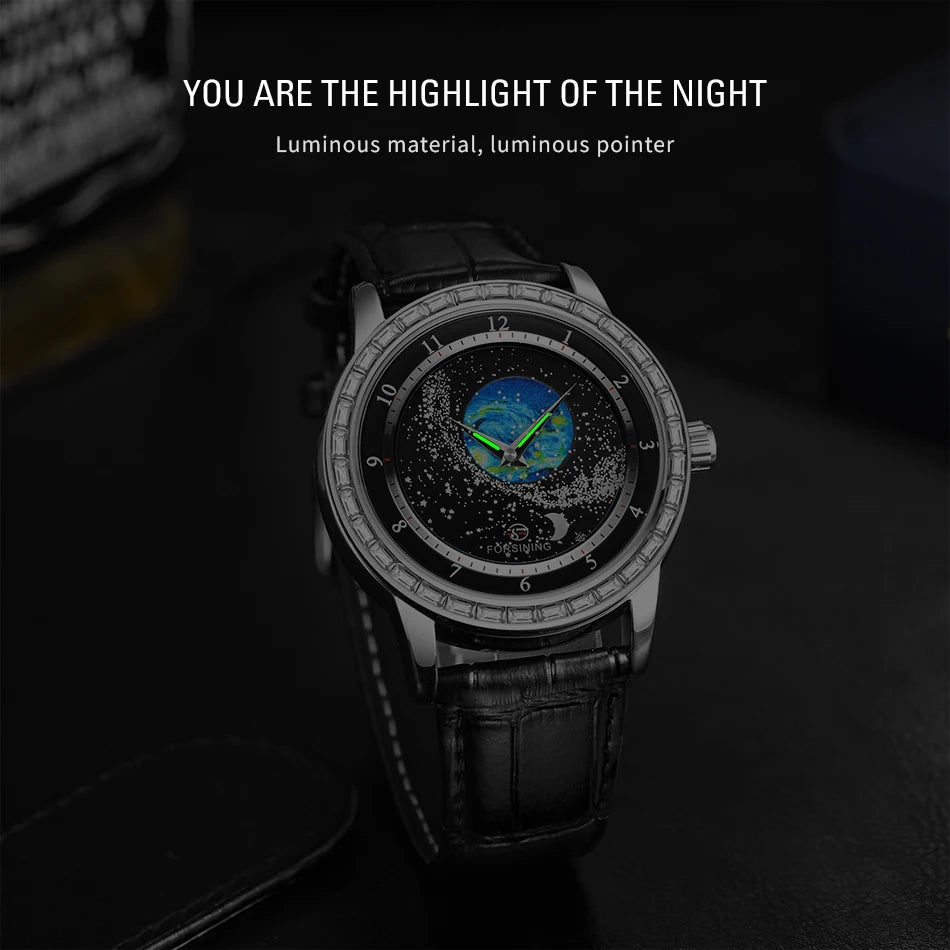 FORSINING Watch for Men Original Diamond Rotational Starry Sky Moon Phase Automatic Mechanical Leather Strap Men's Watch Reloj