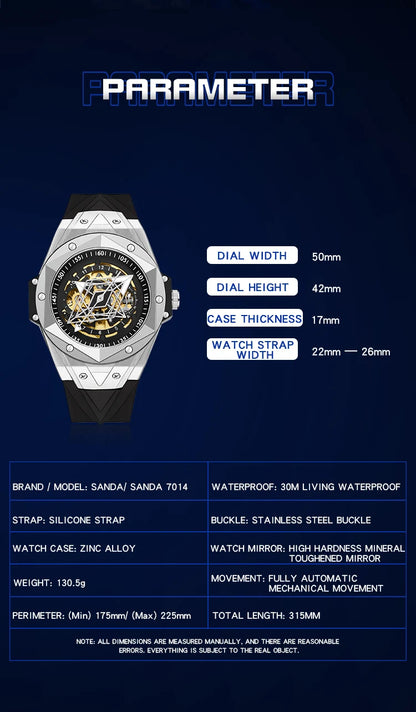 SANDA Luxury Tourbillon Men's Mechanical Watch Fashion Skeleton Automatic Clock Waterproof Sports Men's Watch Reloj Hombre