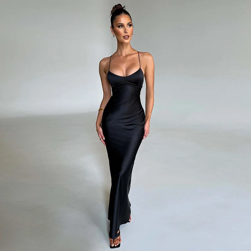 Mozision Satin Backless Maxi Dress For Women 2022 Autumn New Spaghetti Strap Sleeveless Bodycon Long Dress Vestido Clubwear