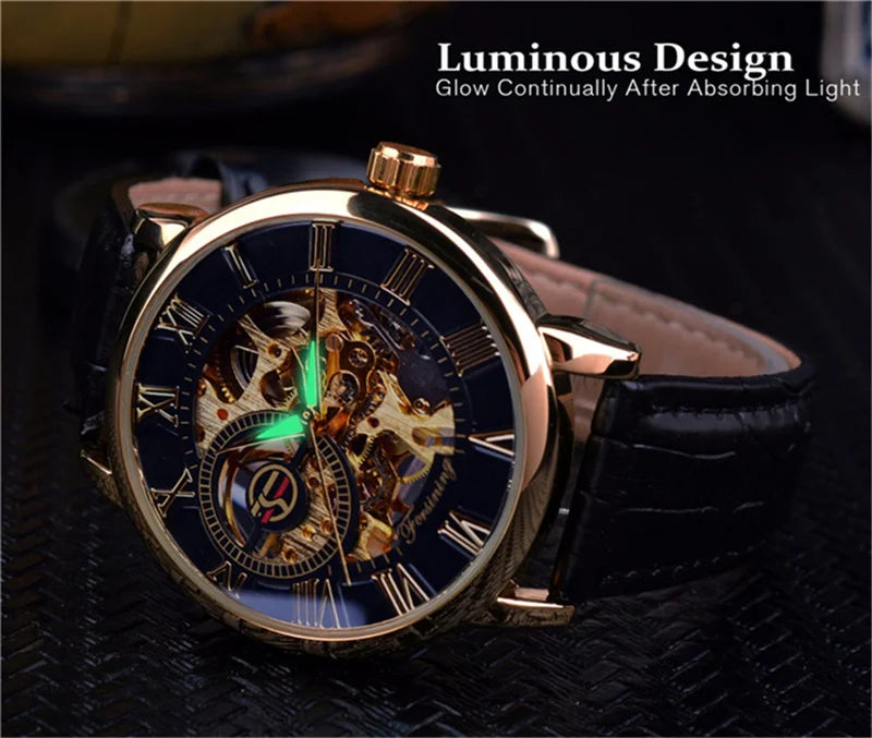 Forsining 99S Luxury Automatic Classic Transparent Mechanical Leather Strap Golden Bridge Skeleton hot selling Men Watch Clock