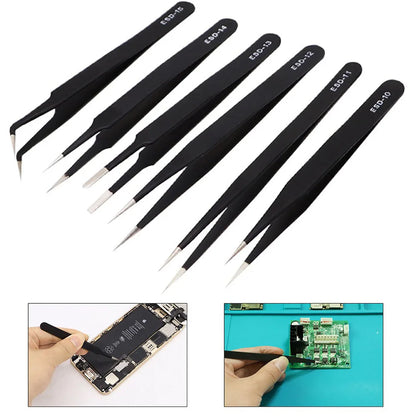 6pcs Anti-Static Stainless Steel Tweezers Precision Maintenance Industrial Repair Curved Working Model Making Hand Tool