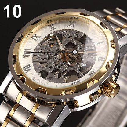 Men Skeleton Roman Numerals Hollow Dial Stainless Steel Band Mechanical Watch Hand-winding Vintage Roman Numeral Steampunk Watch