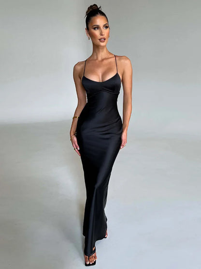 Mozision Satin Backless Maxi Dress For Women 2022 Autumn New Spaghetti Strap Sleeveless Bodycon Long Dress Vestido Clubwear