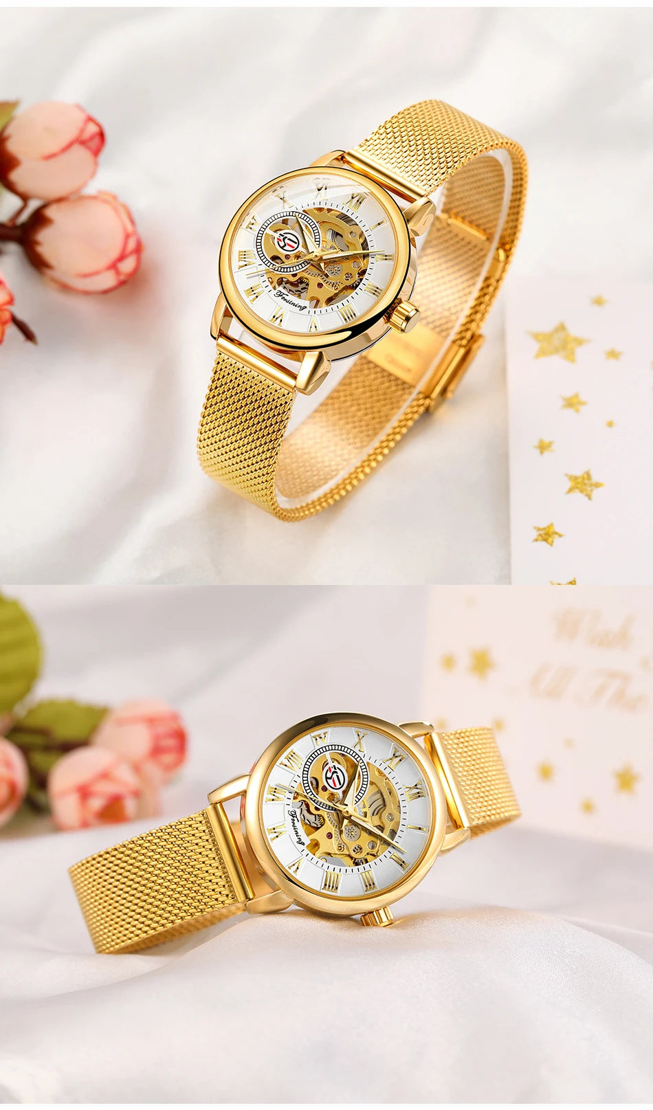 Fashion Montre Femme Forsining Women's Watch Rose Gold Stailess Steel Case Skeleton Womens Mechanical Hand Wind Ladies Wrist