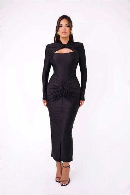 Mozision Hollow Out Long Sleeve Sexy Maxi Dress For Women Gown Autumn Winter New Metal Buckle Ruched Slit Long Dress Elegant