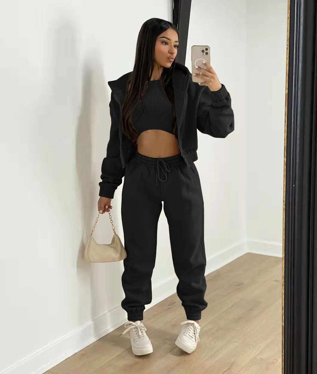 3pcs Women's Clothing Set Fleece-lined Hooded Sweater &Sleeveless Tank Top & Sports Sweatpants Pants