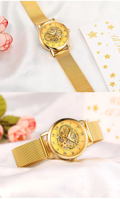 Fashion Montre Femme Forsining Women's Watch Rose Gold Stailess Steel Case Skeleton Womens Mechanical Hand Wind Ladies Wrist