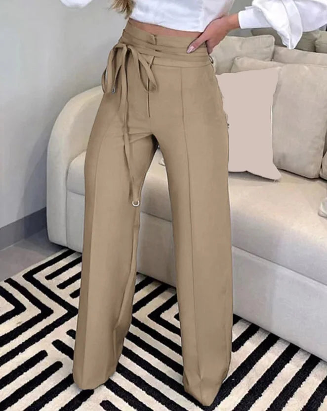 Women's Pants 2023 Spring Fashion Tied Detail Straight Leg Elegant Plain High Waist Long Work Pants Office Lady