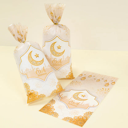 25/50/100Pcs EID Mubarak Gift Cookie Bags With Strap Candy Baking Packaging Bag 2025 Ramadan Decor Muslim Islamic Party Supplies