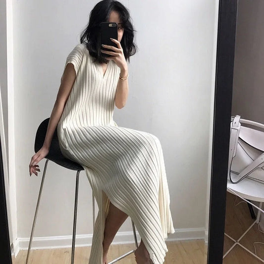 Spring Summer Casual Harajuku Sweater Dress Women Solid Loose V-neck Side Slit Ribbed Knit Long Dresses Party Vestido Feminino