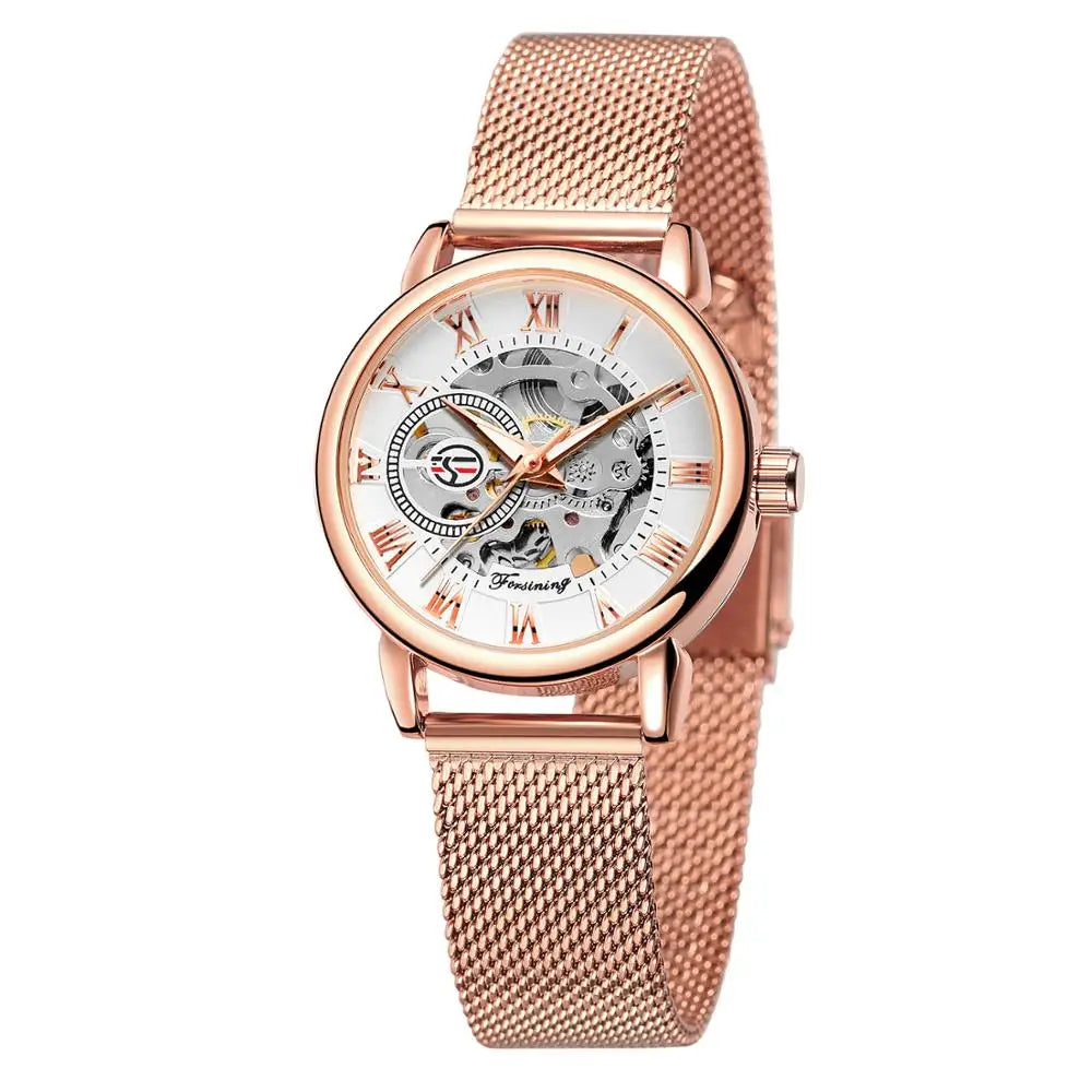 Fashion Montre Femme Forsining Women's Watch Rose Gold Stailess Steel Case Skeleton Womens Mechanical Hand Wind Ladies Wrist