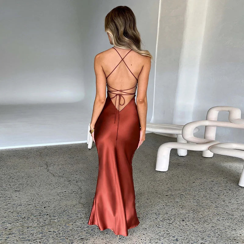 Mozision Satin Backless Maxi Dress For Women 2022 Autumn New Spaghetti Strap Sleeveless Bodycon Long Dress Vestido Clubwear