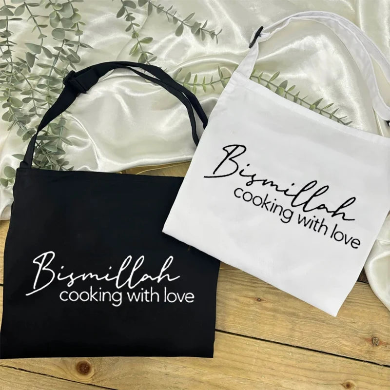 Bismillah cooking with love apron Eid Mubarak Ramadan Kareem Muslim Islamic Iftar suhoor kitchen decoration housewarming gift