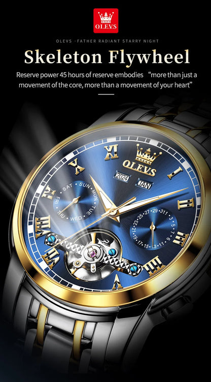 OLEVS Men's Watches Automatic Mechanical Business Wristwatch Waterproof Stainless Steel Strap Watch for Man Skeleton Calendar