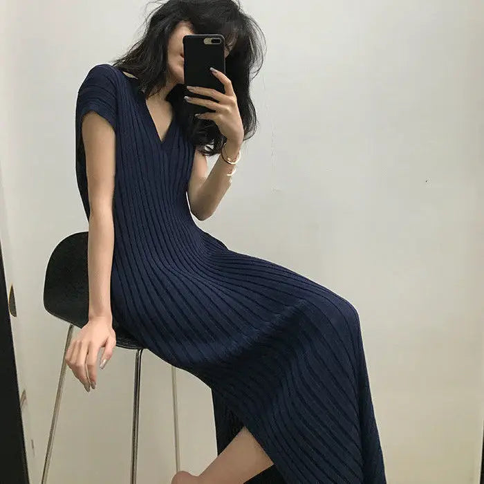 Spring Summer Casual Harajuku Sweater Dress Women Solid Loose V-neck Side Slit Ribbed Knit Long Dresses Party Vestido Feminino