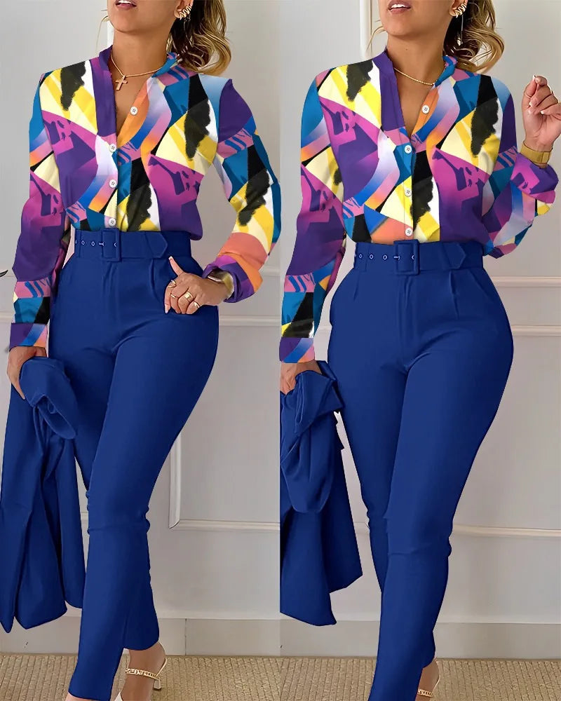 Elegant Women Shirt Two Piece Set Suits Fall New Fashion Print Long Sleeve Top Black Pants Set With Belt Blouses Female Clothing