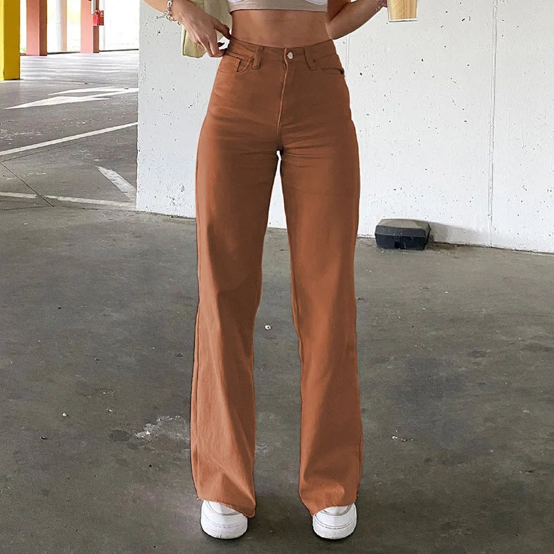 Women Jeans Straight Pants Solid Zipper High Waist Denim Ankle Length Loose Pockets Slight Strech Spring 2024 Streetwear