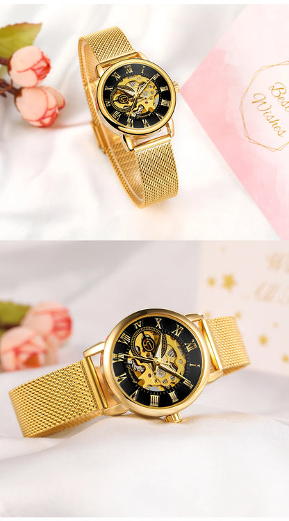 Fashion Montre Femme Forsining Women's Watch Rose Gold Stailess Steel Case Skeleton Womens Mechanical Hand Wind Ladies Wrist