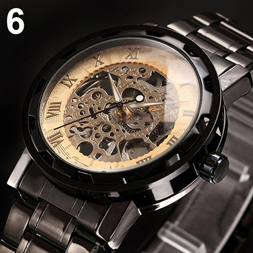 Men Skeleton Roman Numerals Hollow Dial Stainless Steel Band Mechanical Watch Hand-winding Vintage Roman Numeral Steampunk Watch