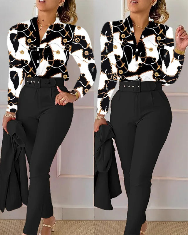 Elegant Women Shirt Two Piece Set Suits Fall New Fashion Print Long Sleeve Top Black Pants Set With Belt Blouses Female Clothing