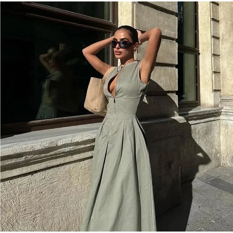 Fashion Sleeveless Spliced Zipper Maxi Dress Elegant V-neck High Waist Slim Pleated Long Dresses Summer Office Lady Street Robes