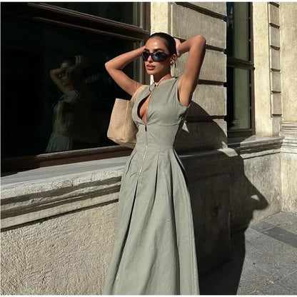 Fashion Sleeveless Spliced Zipper Maxi Dress Elegant V-neck High Waist Slim Pleated Long Dresses Summer Office Lady Street Robes