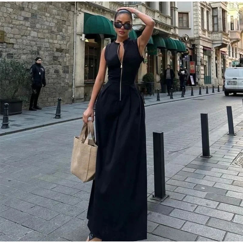 Fashion Sleeveless Spliced Zipper Maxi Dress Elegant V-neck High Waist Slim Pleated Long Dresses Summer Office Lady Street Robes