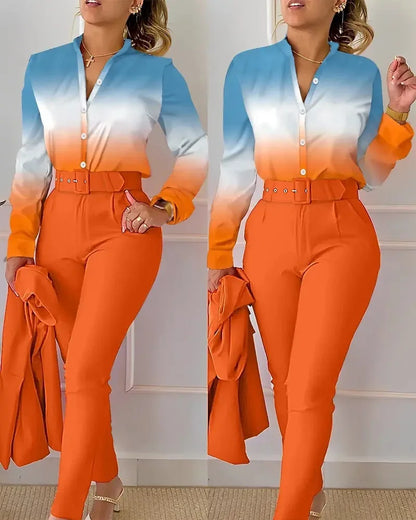 Elegant Women Shirt Two Piece Set Suits Fall New Fashion Print Long Sleeve Top Black Pants Set With Belt Blouses Female Clothing