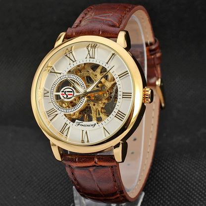 Forsining 99S Luxury Automatic Classic Transparent Mechanical Leather Strap Golden Bridge Skeleton hot selling Men Watch Clock