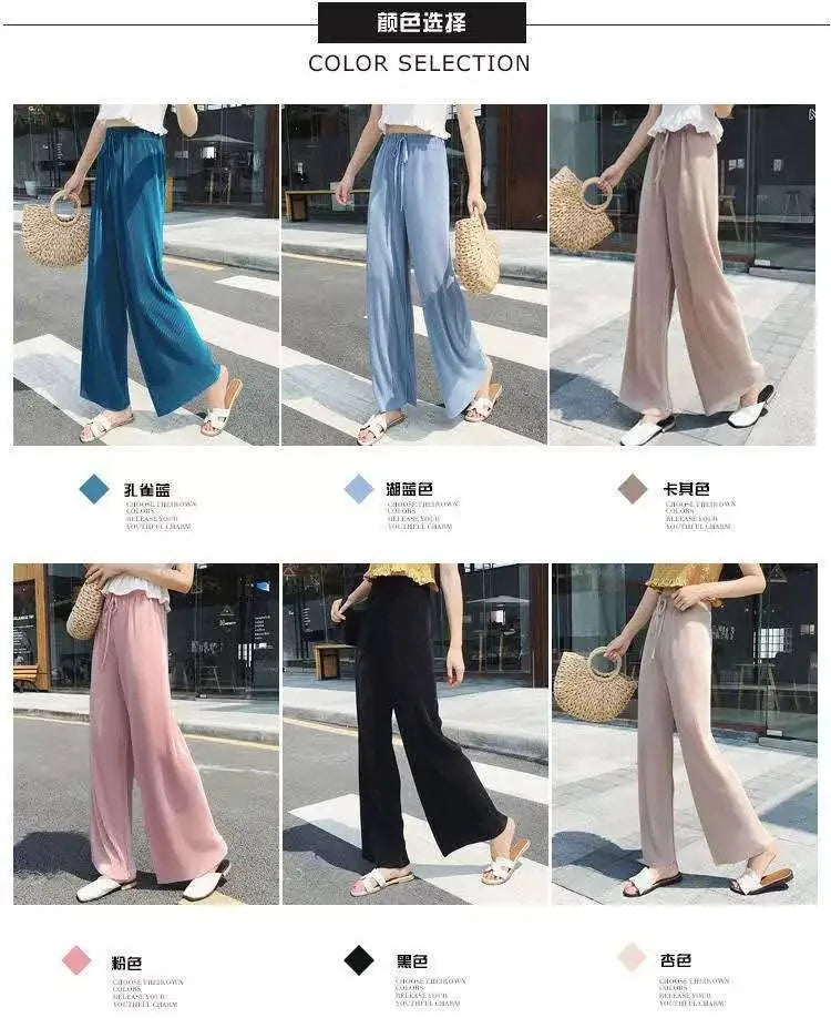 Women Fashion Summer Wide Leg Pants Pleated Ice Silk Trousers Elastic Waist Loose Casual Pants