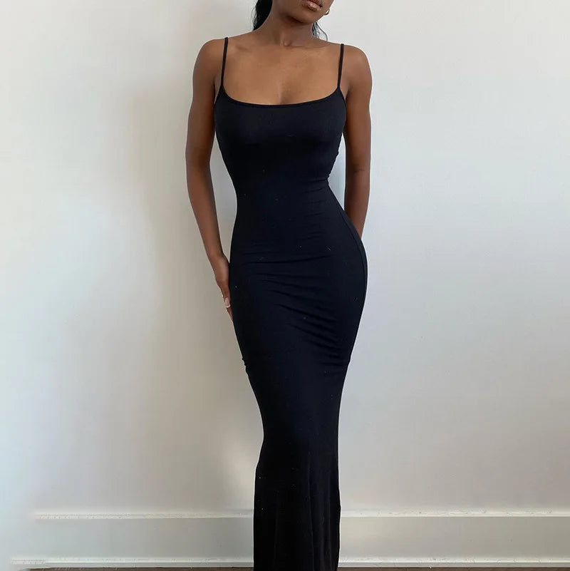 2024 Autumn Dresses For Women Sexy Spaghetti Strap Black Long Sleeve Y2k Summer Sleeveless Solid Skinny Bodycon Maxi Vestidos